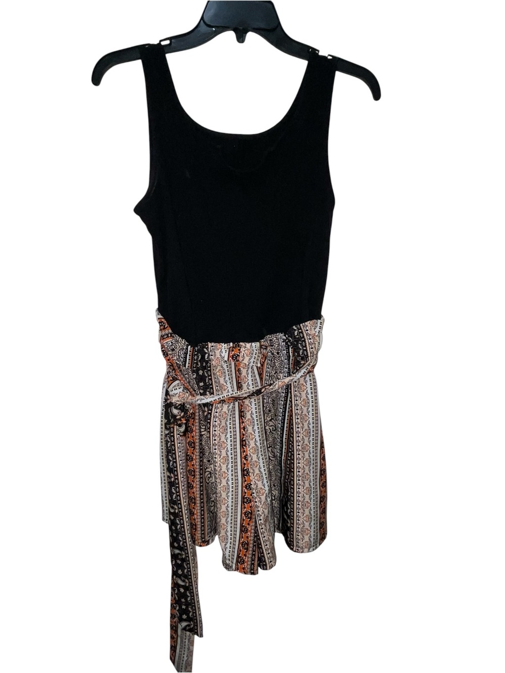 Black Tank Romper with Patterned Tie-Waist Shorts - Picture 2 of 3